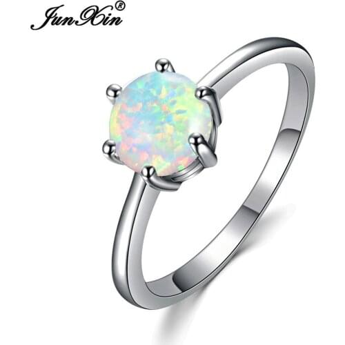 JUNXIN 2018 Fashion Male Female Small Round Ring Boho Blue/White Fire Opal Stone Ring Promise Engagement Rings For Men And Women
