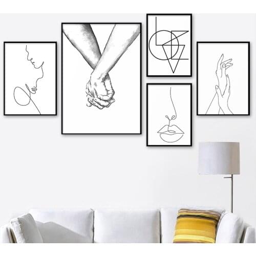 Black White Style Nordic Love Wall Painting Art Canvas Poster Abstract Minimalist Print Hand in Hand Picture Couples Room Decor