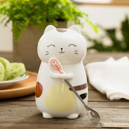 Cute 3D Cat Coffee Mug Ceramic Tea Cup Heat-Resistant with Spoon and Lid Creative Large Capacity Couple Drinking Mugs Gifts