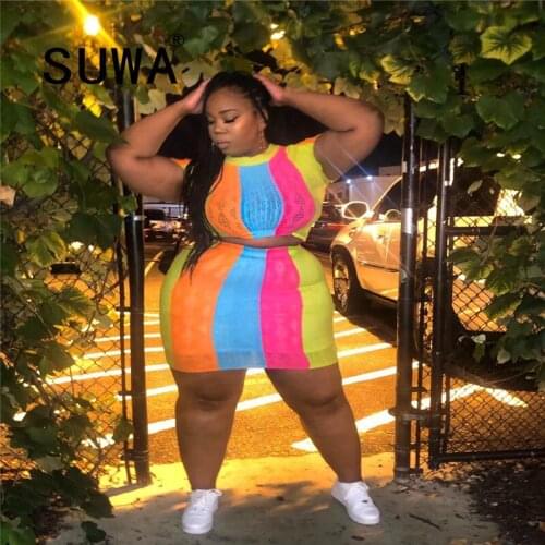 Rainbow Stripes Patchwork Sexy Women Two Piece Sets Fashion Clothes Sleeveless Crop Top And Bodycon Mini Skirts Wholesale