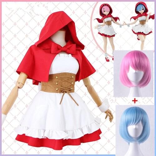 Anime Re: Life a Different World from Zero Ram Rem Little Red Riding Hood Full Set Halloween cosplay costume +wigs for women