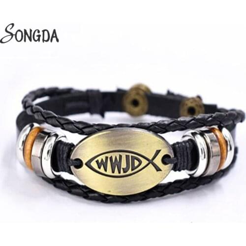Punk WWJD Fish Leather Bracelet For Women Men Jesus Braided Bracelet Bangles Multilayer New Design Goth Religious Jewelry Gifts