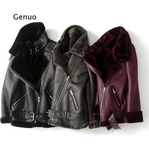 Fur Locomotive Retro with Belt Riding Winter Womens Jacket Long-sleeved Lapel Padded Warm Black Zip Chic Female Coat Tops