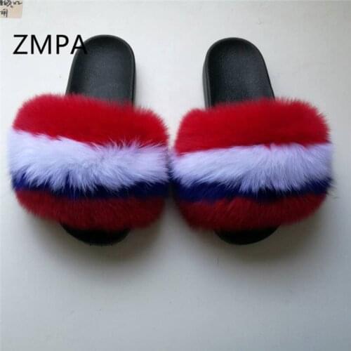 Lovely Childrens/Girls Furry Slippers Woman/Ladies Sale Fox Fur Slides Women Sandals Plush Flat Home Shoes Beach Flip Flops 45