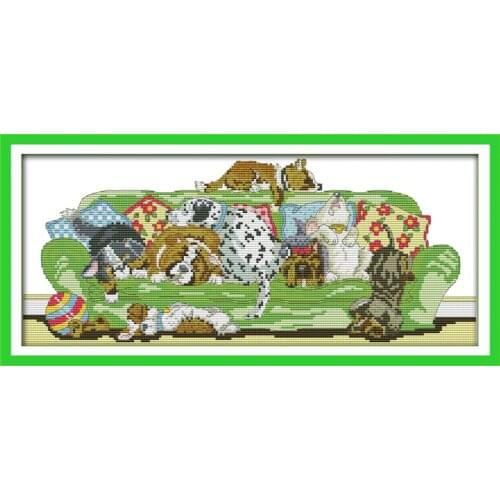 Joy sunday animal style Sleeping dogs cross stitch christmas stocking patterns embroidery kits online for handcraft painting