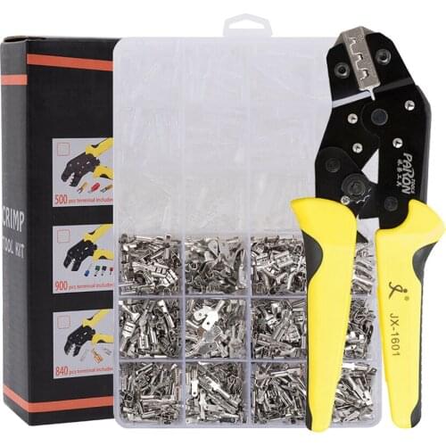Wire Terminals Crimping Tool Insulated Ratcheting Crimper Kit of AWG 26-16 with 840PCS Male and Female Spade Connectors