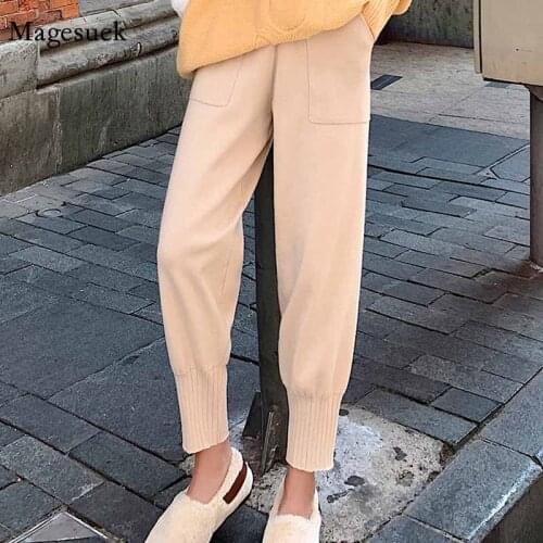 Solid Wild Female Pantalon Casual Capri Korean Style Women High Waist Loose Knitted Trousers Autumn Winter Harem Pants 11366