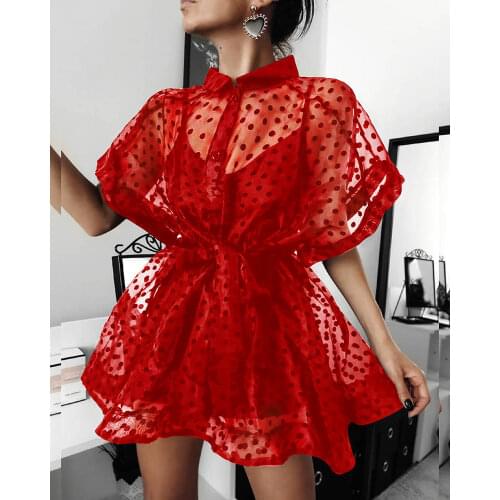 Women Dot Print Semi Sheer Buttoned Dress Mock Neck Short Sleeve Mini Party Sexy Clubwear Dress