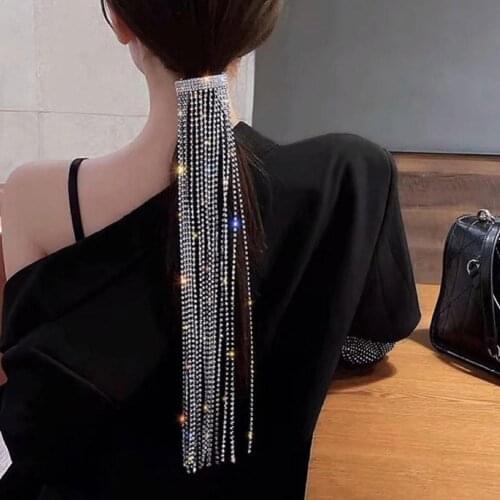 Luxury Shiny Full Rhinestone Long Chain Tassel Hairpins Dress Nightclub Holder For Women Ponytail Crystal Sexy Bling Pary C H9T2