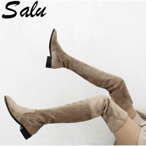 Salu 2020 Over The Knee High Boots Woman Suede Leather Thick Low Heels Women Boots Autumn Winter Black Gray Party Shoes Woman