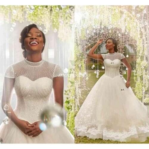 Beading Ivory Wedding Dresses Jewel Cap Sleeve Sweep Train Appliques Black Girl Garden Country Chapel Bridal Gowns Plus Size