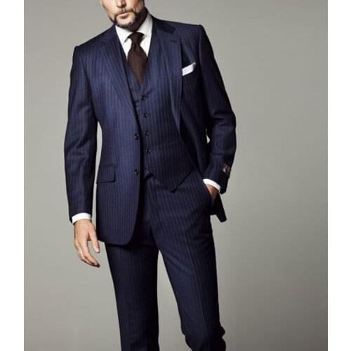 Navy Blue Striped Formal Mens Suits for Dinner Party Business Wedding Groom Tuxedo 3 Piece Jacket with Vest Pants Latest Design