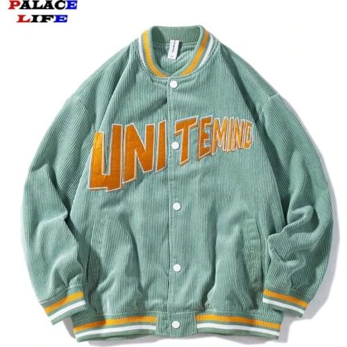 Corduroy Baseball uniform Men and women Letter Embroidery New jacket Couple Streetwear College style Loose Bomber Coat Tops 2021