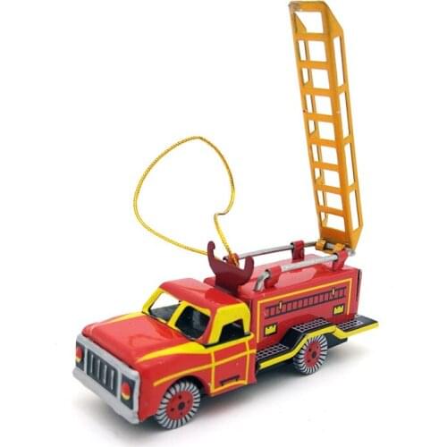 [Funny] Adult Collection Retro Wind up toy Metal Tin fire truck scaling ladder car pendant Clockwork toy model vintage toy gift