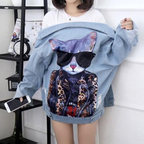 Women autumn new heavy industry beaded sequined cat pattern denim jacket loose jacket women Y821