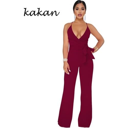 Kakan 2019 summer new womens jumpsuit classic solid color strap V-neck jumpsuit bow back wide leg jumpsuit