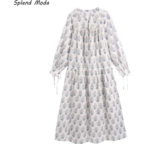 Splend Moda Floral Printed Long Dress Stitching Long-Sleeve Belted Vintage O-Neck Lace-Up Mid-Length Dresses Women Vestido