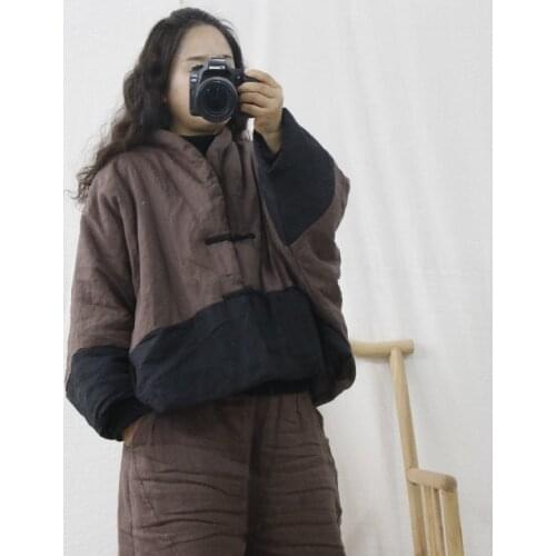 Women Linen Patchwork Loose Short Padded Coat Parkas Ladies Vintage Warm Coat Outerwear Female Winter Spliced Coat