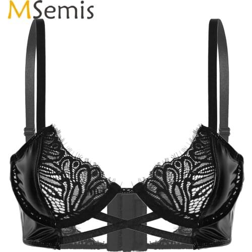 Womens Lingerie Hot Lace Bra Top Adjustable Shoulder Strap Wet Look Patent Leather Hollow Out Brassiere Patchwork Underwired Bra
