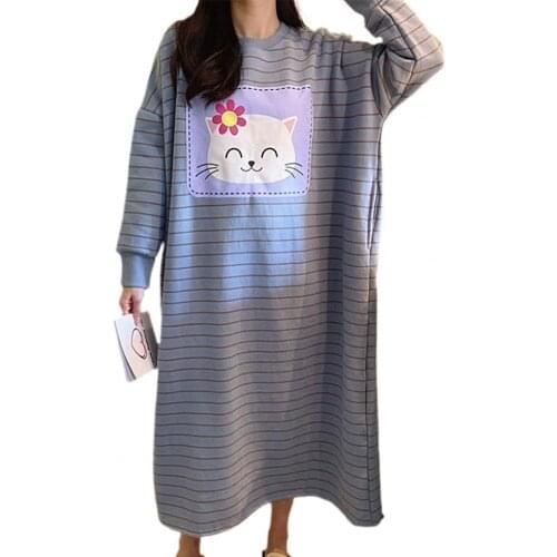 Women Dress Warm Breathable O Neck Long Sleeve Loose Knee Length Pajamas for Winter