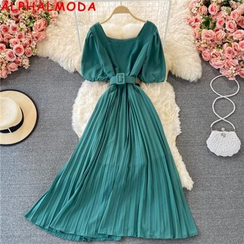ALPHALMODA 2021 Summer Puff Sleeve Square Collar Belted Elegant Pleated Dress Women Summer Solid Trendy Dress