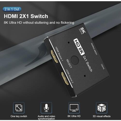 2 in 1 out HDMI-compatible 2.1 Switch Ultra HD 8K@60Hz 4K@120Hz Switcher Splitter With switch button For 2 sources to 1 display