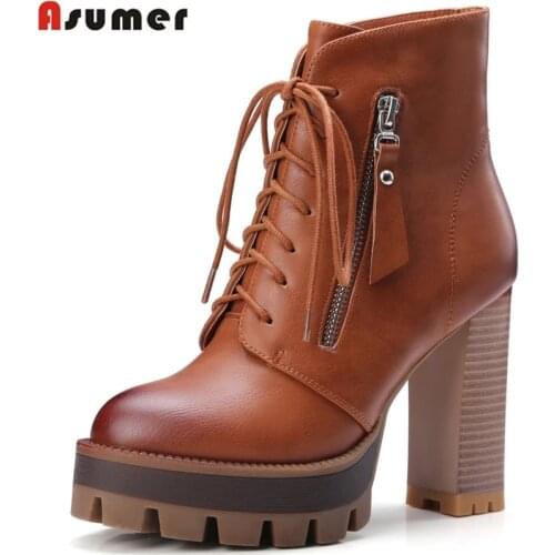 Asumer new fashion women boots lace up platform winter boots soft pu leather thick high heels ankle boots female shoes