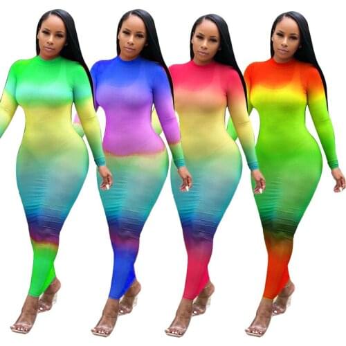 BKLD Fashion Rainbow Dress For Women Sexy Sheer Mesh See Through Long Sleeve Autumn Dress Bodycon Tie Dye Print Long Beach Dress