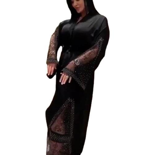 Black Bangladesh Women Lace Maxi Abaya Dubai Turkey Muslim Hijab Dress 2021 Plus Size Diamond Shiny Boubou Long Sleeve Dress