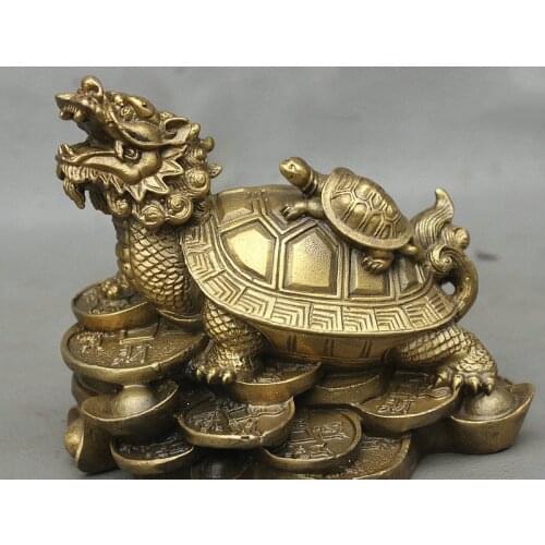 Chinese Fengshui Brass Wealth Money Coin Longevity Dragon Tortoise Turtle Statue