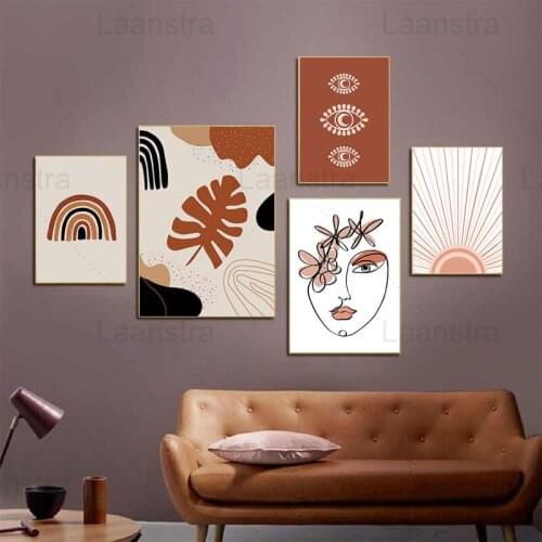 Red Pottery Color Home Decoration Painting Arc Combination Graphic Plant Leaf Face Canvas Painting Wall Poster Sunlight Rays