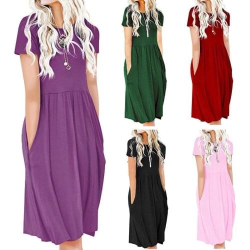 Summer 2021 Fashion Casual Large Size Boho Dresses Womens Crew Neck Short Sleeve Midi Temperamental Purple Dresses Dropshipping