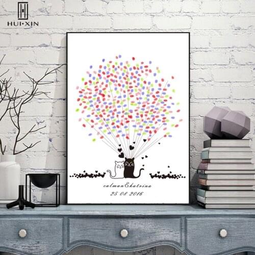 Cute White and Black Cats Sending Wishes for Weddings Anniversary Surrounded by Living Hearts DIY Fingerprint Guestbook Souvenir
