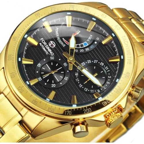 Forsining Golden Stainless Steel 2021 Power Reservce Mechanical Designer Wirst Watch Mens Watches Top Brand Luxury Wirstwatches