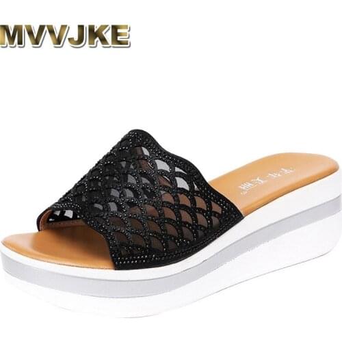 MVVJKEElegant Rhinestone Mesh Women Slippers Fashion Wedges Thick Sole Ladies Slides Outdoor Beach Casual Sandals Mid Heels Size