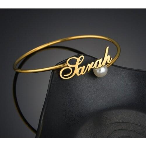 Stainless Steel Customized Name Charm Adjustable Bracelet Gold Personalized Pearl Bangles for Lovers Birthday Jewelry