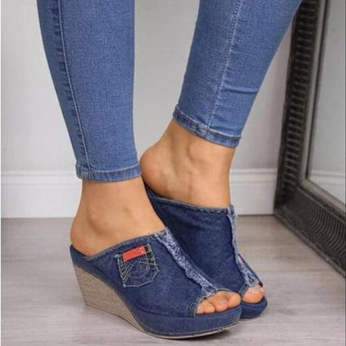 New Denim Womens Sandals And Slippers One-piece Wedge Fish Mouth Shoes Women Slip-on Peep Toe Wedge Canvas Sandals