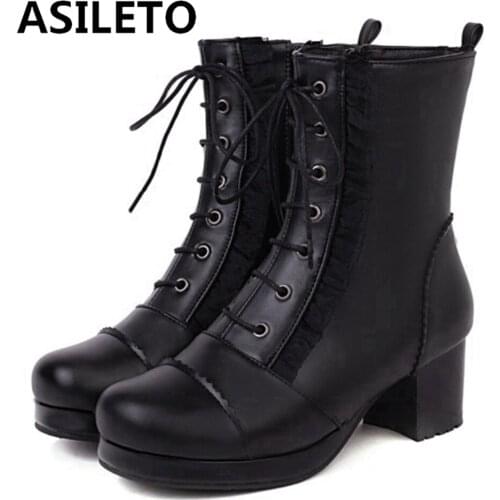 ASILETO Autumn Winter Ankle Short Boots Round toe Chunky Heels Zip Lace Up Lolita Ladylike Small Big Size 30-43 Black S2472