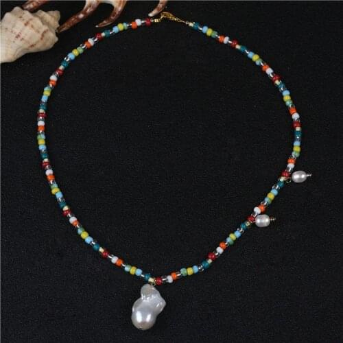 Natural big baroque pearl pendant with colorful glass beads necklace