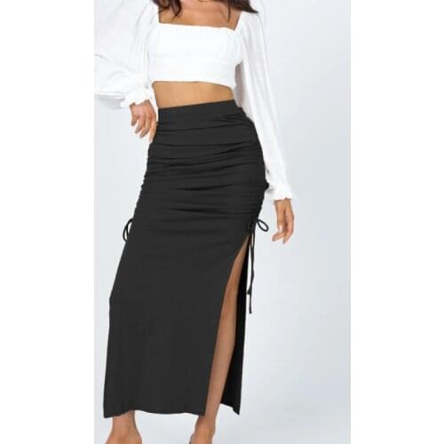 Sexy Womens High Split Skirt Solid Color High Waist Long Skirt Side Drawstring Ladies Casual Sheath Long Skirt