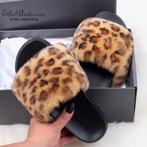 Ethel Anderson Newest Real Rex Rabbit Fur Slippers Summer Vogue Leopard Slides Cozy Slip on Flats Fur Shoes