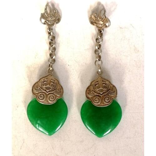 YIZHU CULTUER ART Wonderful Collection China Tibet Silver Jadeite Jade Inlay Carving Bat Earrings Pendant Decoration Gift