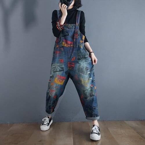 Autumn Women Denim Jumpsuit Plus Size Loose Casual Jeans Overalls Women Vintage Streetwear Graffiti Rompers Harem Pants Jumpsuit