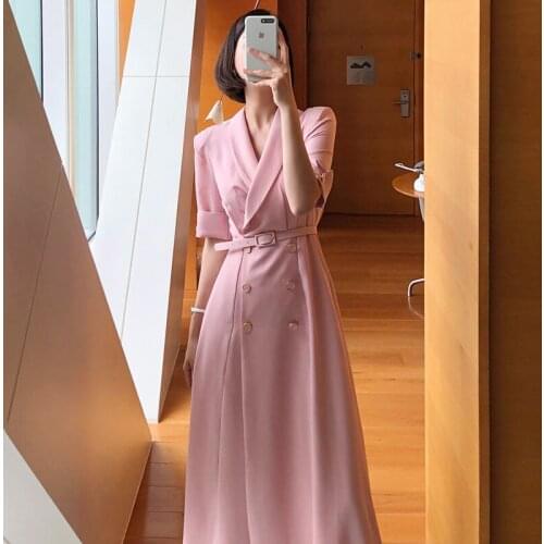 One-Piece Korean WomenS Double-Breasted Short-Sleeved Dresses Summer 2021 New Elegant Fashion Office LadyS Casual Long Dresses