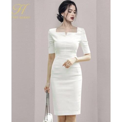 H Han Queen Womens New White Slim Formal Sheath Bodycon Pencil Dress Business Office Lady Evening Party Dresses Work Vestidos