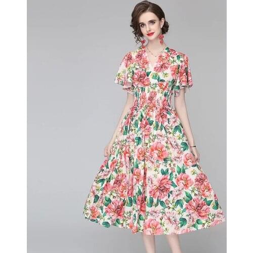 2021 Designer Runway Women Floral Dress Elegant Summer Ruffles Flower Printed Chiffon High Elastic Waist Boho Holiday Long Dress