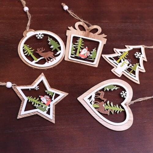 1PC Christmas Wooden Hanging Pendants Star Elk Xmas Tree Bell Christmas Ornament Decorations for Home Party New Year Navidad
