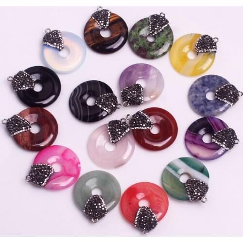 12pcs Rhinestone Green Turquoises Natural Stone Carnelian Agates Quartz Peace Donuts Charm Reiki Pendant for Jewelry Making Free