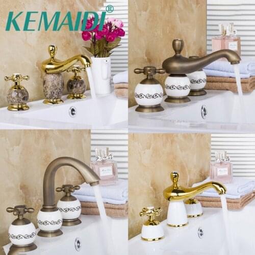 KEMAIDI 3 pcs Bathroom Mixer Bath Basin Sink Vanity Faucet Water Tap Bath Faucets Antique Brass&Gold Ceramic&Marble Deck Mounted