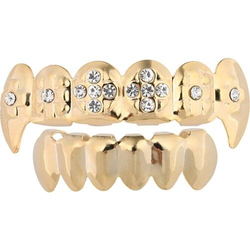 Punk Hip Hop Gold Silver Colour Iced OutTeeth Grillz Top Bottom Jewelry Cross Grillz Dental Grills Body Jewelry Copper Mens Gift